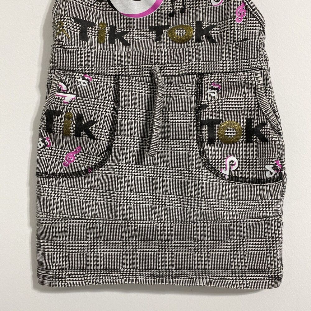 TikTok Overall Dress Toddler Girls 2T Black White Pink Gold Plaid Houndstooth - Picture 3 of 4